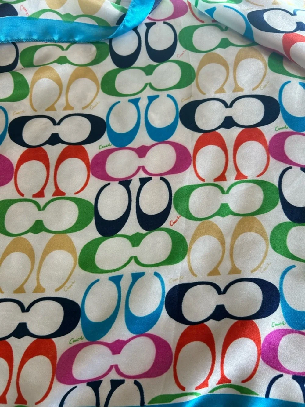 Vintage Coach Turquoise-Edged Multicolor Logo Silk Scarf - Picture 5 of 7